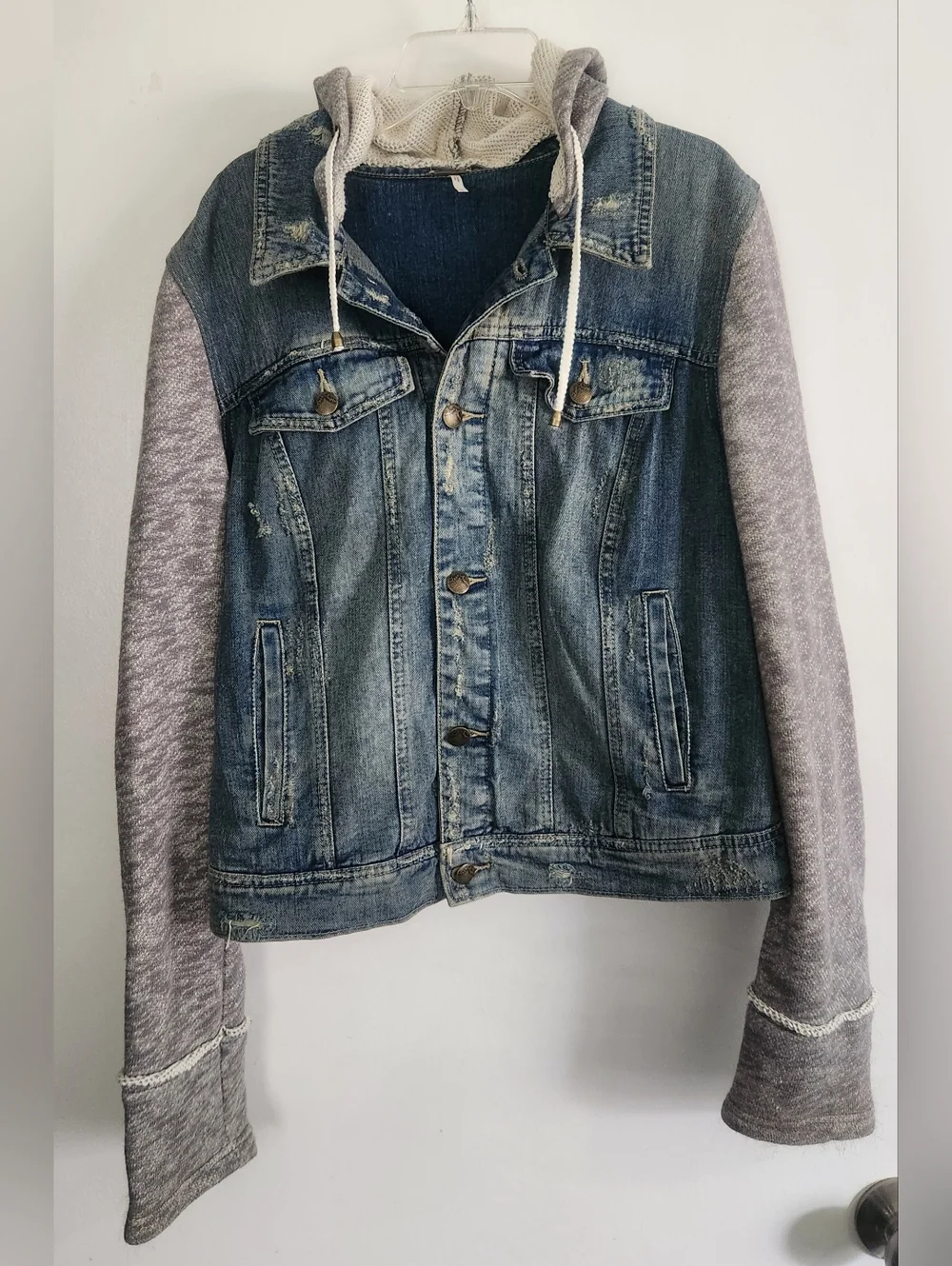 Free People Denim Distressed Jacket With Removable Hoodie Women's Size Large - Picture 3 of 11